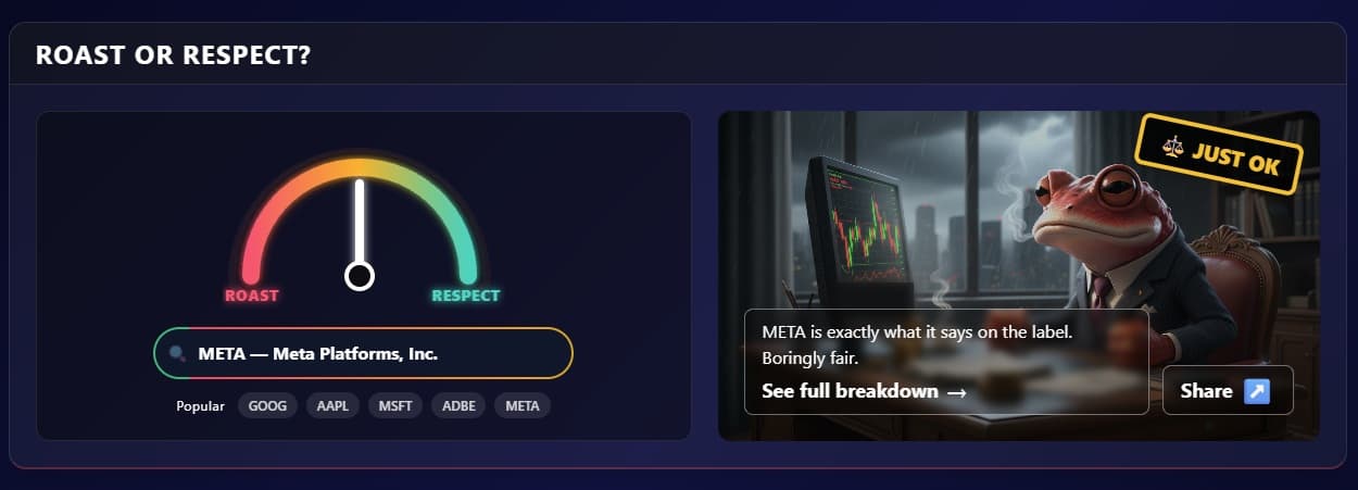 The InvestingProphet Roast or Respect verdict for Microsoft, showing a gauge leaning toward Respect and a frog-narrated breakdown of why the stock is priced about right